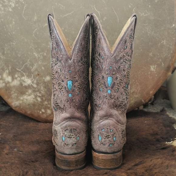 CORRAL A1149 brown studded leather cowgirl western boots turquoise inlay sz 7 - Picture 8 of 16
